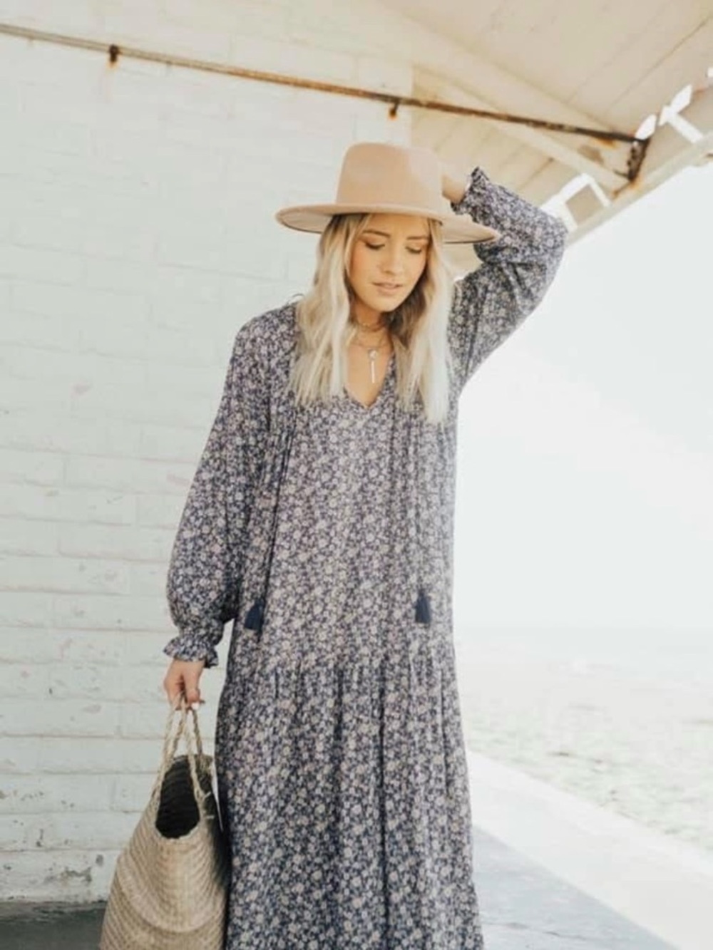 Boho Floral Long Sleeve Maxi Dress in Navy